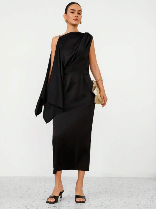 Czarna satynowa sukienka peleryna 2w1 (S)
