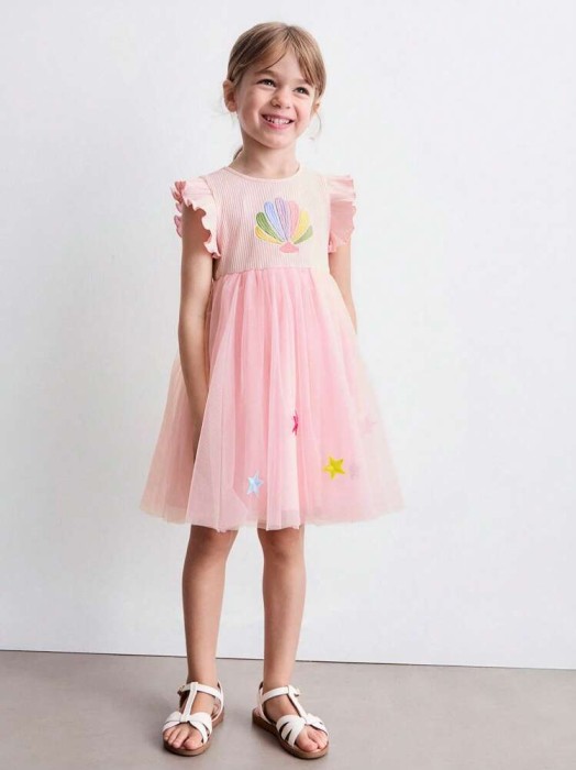 Różowa tiulowa sukienka hafty (7L)