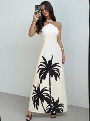 Ecru sukienka maxi nadruk (S)