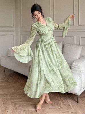 Zielona sukienka v neck kwiaty (S)