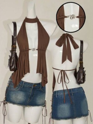 Brązowy top wiązanie (S)