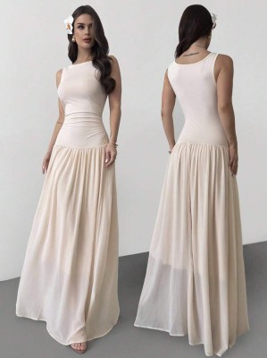 Beżowa sukienka maxi marszczenia (S)