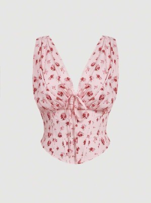 Jasnoróżowy top kwiaty marszczenia (2XL)