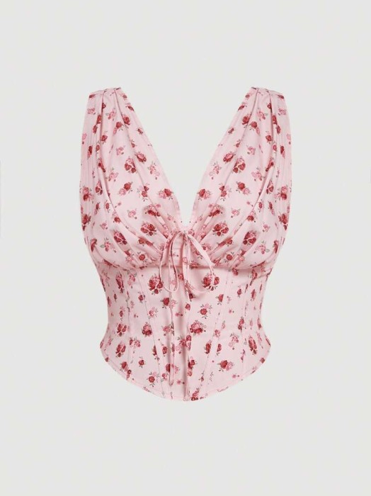 Jasnoróżowy top kwiaty marszczenia (2XL)