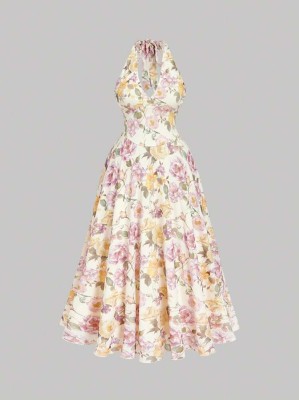 Ecru sukienka midi kwiaty (2XL)