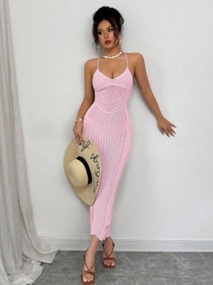 Różowa prześwitująca sukienka midi (S)