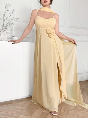 Żółta sukienka maxi rozcięcie szal (M)