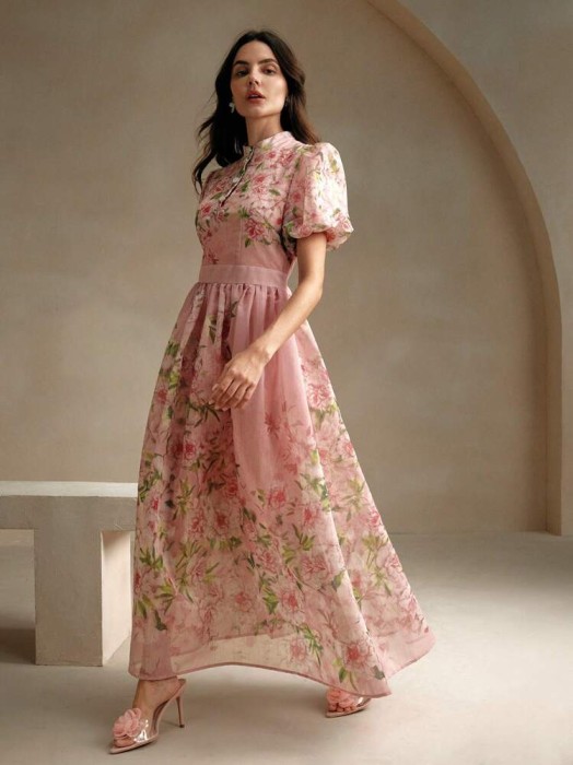 Różowa sukienka maxi kwiaty (XL)