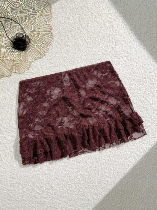 Burgundowa koronkowa spódnica kąpielowa (S)