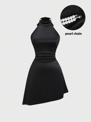 Czarna satynowa sukienka perły (M)