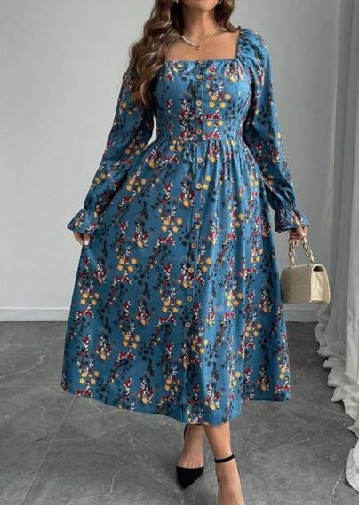 Midi sukienka długie rękawy kwiaty (2XL)