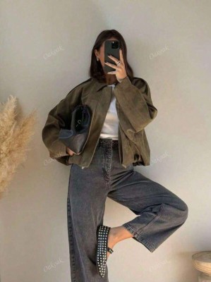 Zamszowa kurtka khaki zamek (M)