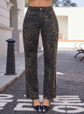 Brązowe proste jeansy wzór zwierzęcy (32)