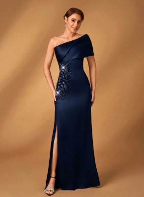 Granatowa sukienka maxi rozcięcie (L)