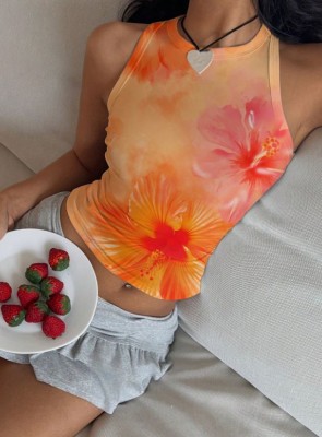 Pomarańczowy top marszczenia wzór (S)