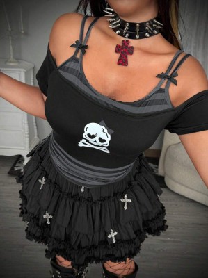 Czarny t-shirt cold shoulder nadruk (3XL)