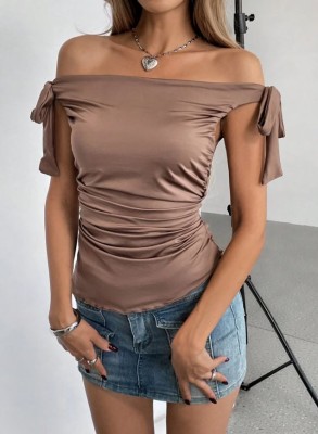 Brązowy top marszczenia (M)