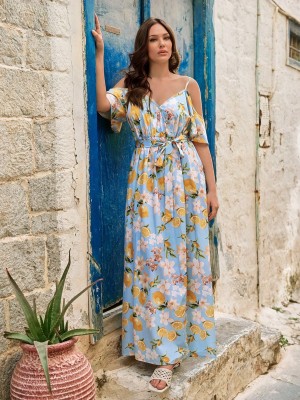 Niebieska sukienka wzór pasek (1XL)