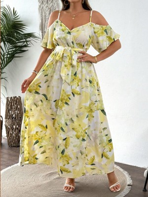 Wzorzysta sukienka maxi pasek (2XL)