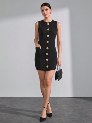 Czarna sukienka mini guziki (XS)