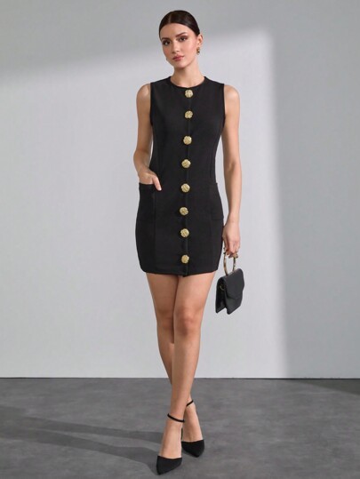 Czarna sukienka mini guziki (XS)