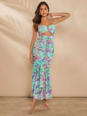 Niebieska marszczona sukienka wzór (L)