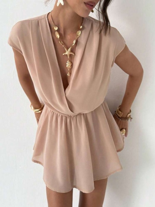 Beżowy kombinezon kopertowy dekolt (M)