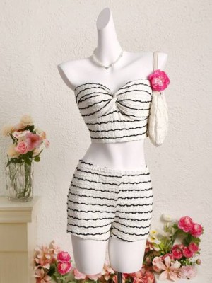 Ecru komplet szorty top paski (XL)