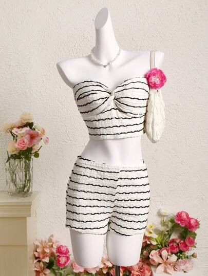 Ecru komplet szorty top paski (XL)