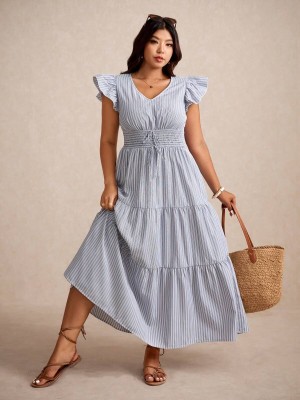 Pasiasta sukienka krótkie rękawy (2XL)