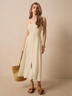 Beżowa sukienka midi guziki (L)