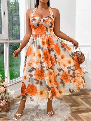 Midi sukienka wzór kwiaty (3XL)