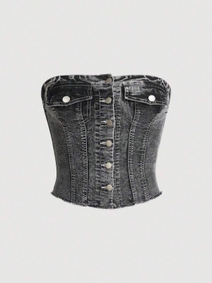 Szary jeansowy top guziki (S)