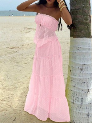 Różowy komplet spódnica top wzór (S)