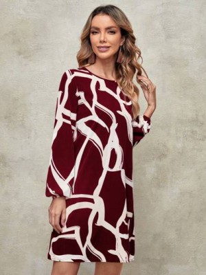 Bordowa prosta sukienka wzór (S)