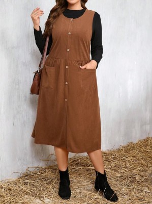 Brązowa sukienka midi kieszenie (2XL)