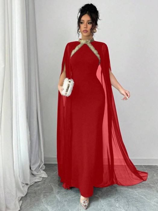 Czerwona sukienka maxi peleryna (M)