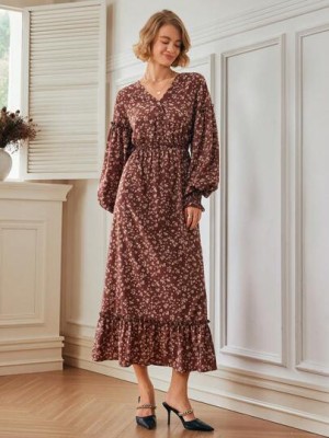 Brązowa sukienka midi kwiaty (L)