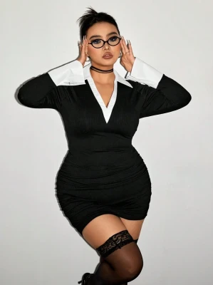 Czarna sukienka białe wstawki (1XL)