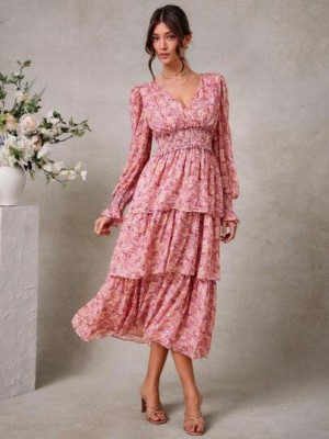 Różowa szyfonowa sukienka wzór (S)