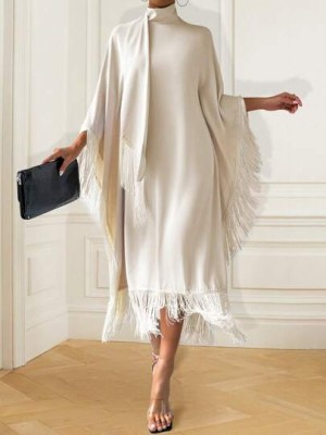 Beżowa sukienka midi frędzle (L)