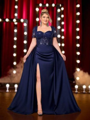 Granatowa sukienka maxi rozcięcie (2XL)