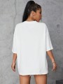 Biały luźny t-shirt nadruk (M)