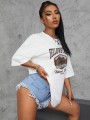 Biały luźny t-shirt nadruk (M)