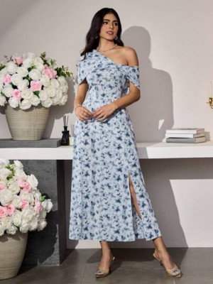 Wzorzysta sukienka midi rozcięcie (L)