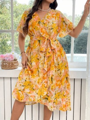 Kolorowa sukienka midi wzór pasek (2XL)