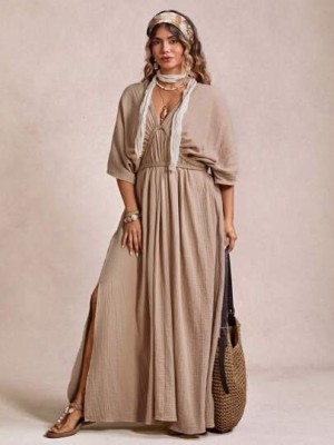 Beżowa sukienka maxi pasek (0XL)