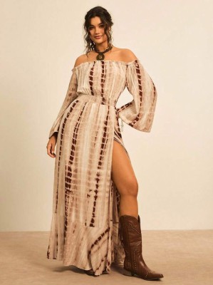 Wzorzysta sukienka maxi rozcięcie (2XL)