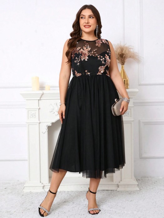 Czarna tiulowa sukienka cekiny (0XL)