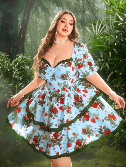 Niebieska sukienka wzór koronka (2XL)